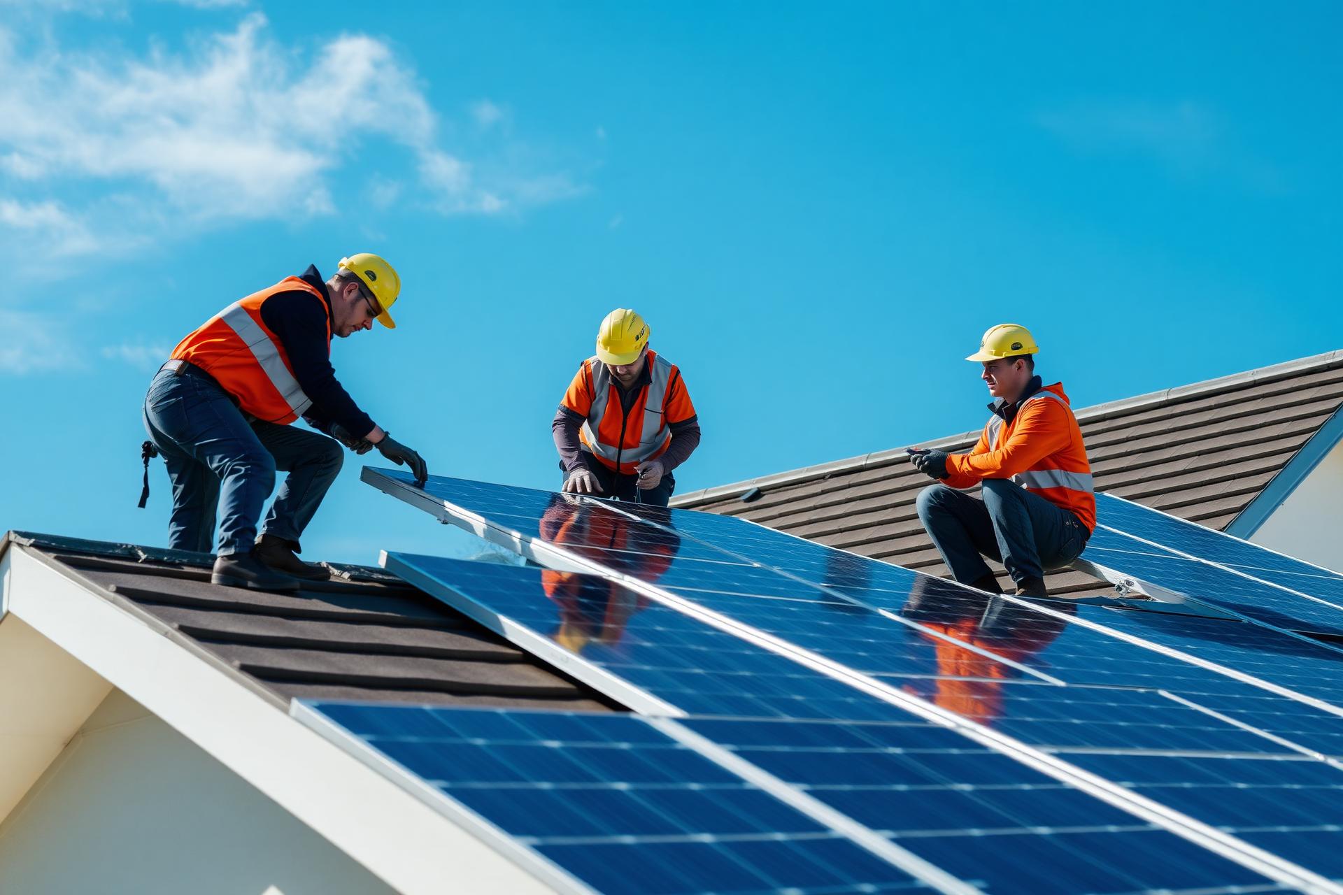 Técnicos montando painéis fotovoltaicos no telhado